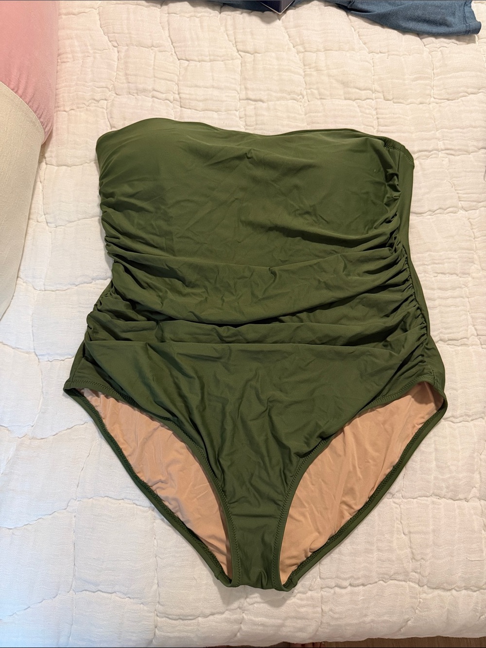 J.Crew Olive Green Strapless Ruched One-Piece Swimsuit
